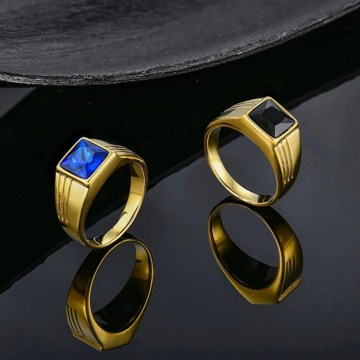 YL Gemstone Rings for Men Titanium Steel Square Signet Rings Wedding Statement Band Jewelry