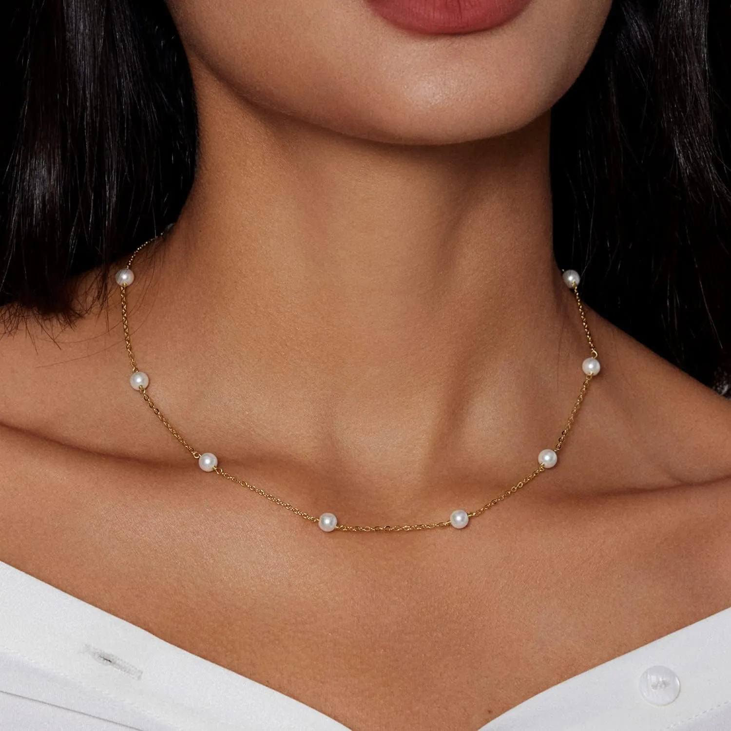 Zeffy Pearl Necklace 4MM/6MM/8MM Dainty Round Imitation Pearl Choker Necklace Wedding Pearl Necklace Delicate Jewelry for Women Simple Bridesmaid Jewelry Gifts